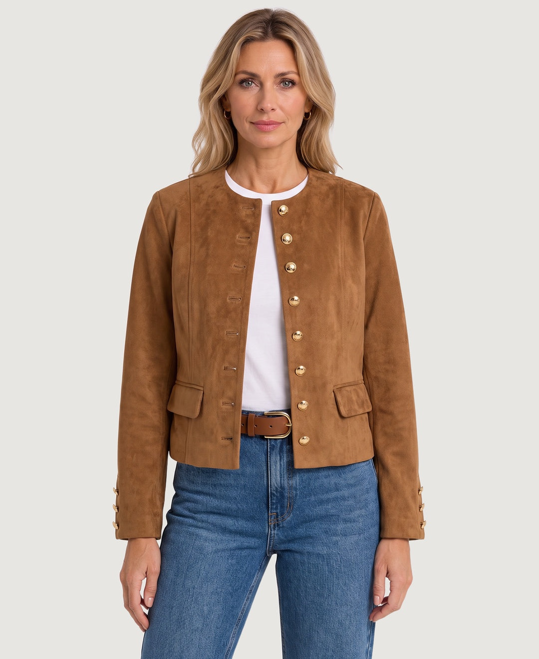 Women's cropped suede-look jacket in brown with gold buttons, front view