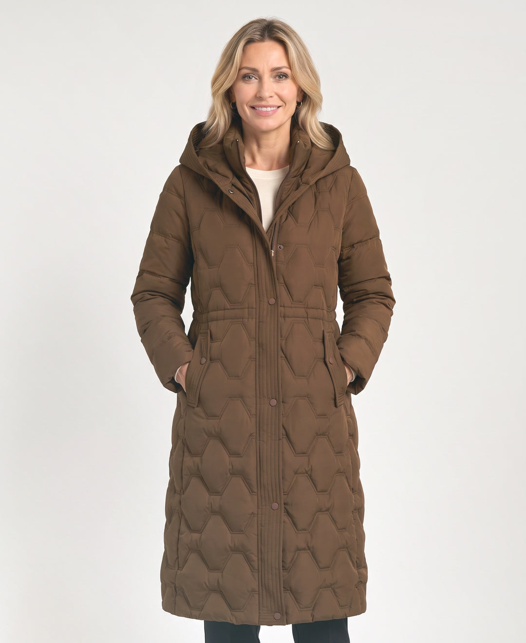 Long Hexagon Quilted Puffer Coat Hood Fitted Waist brown front view