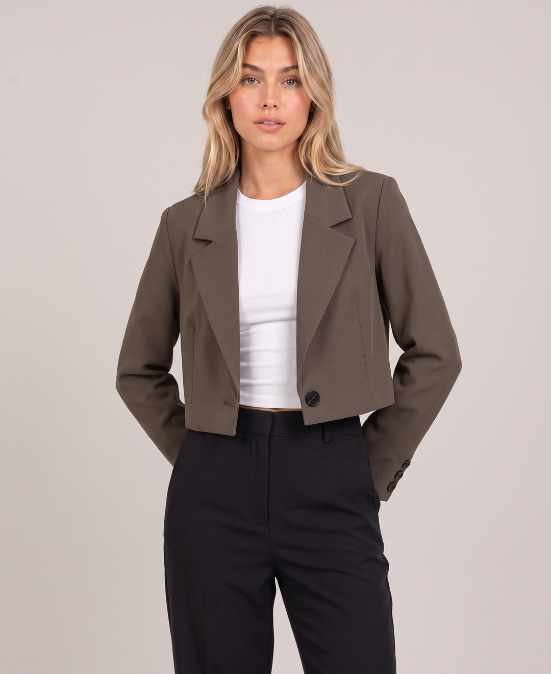 Women's cropped blazer in brown, front view