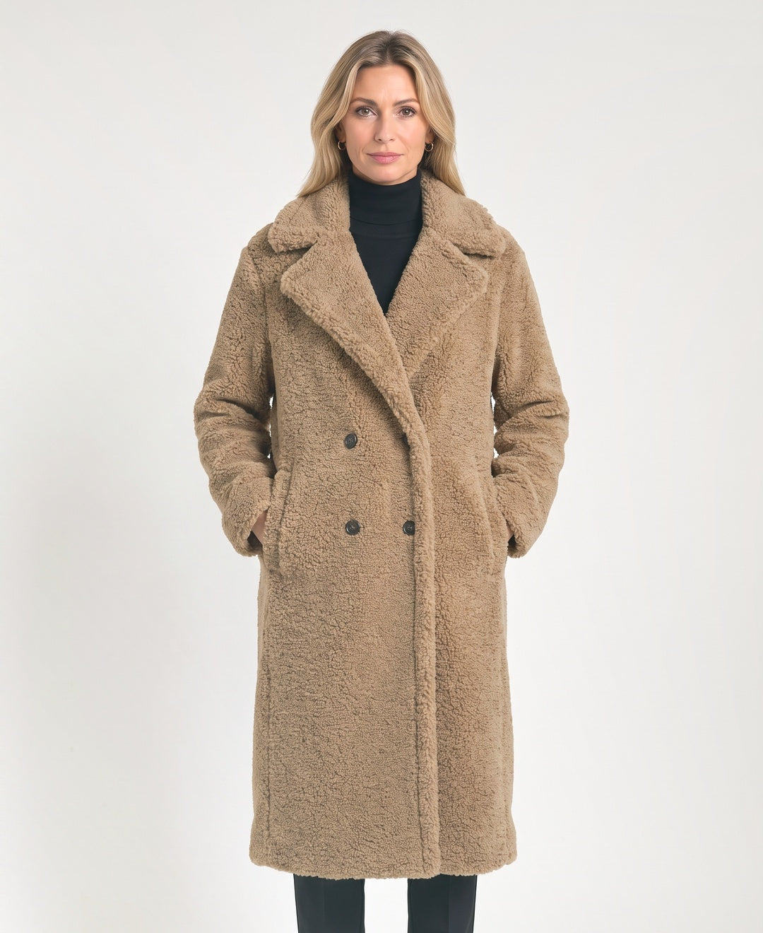 Long Double Breasted Teddy Coat Notch Lapels brown front view