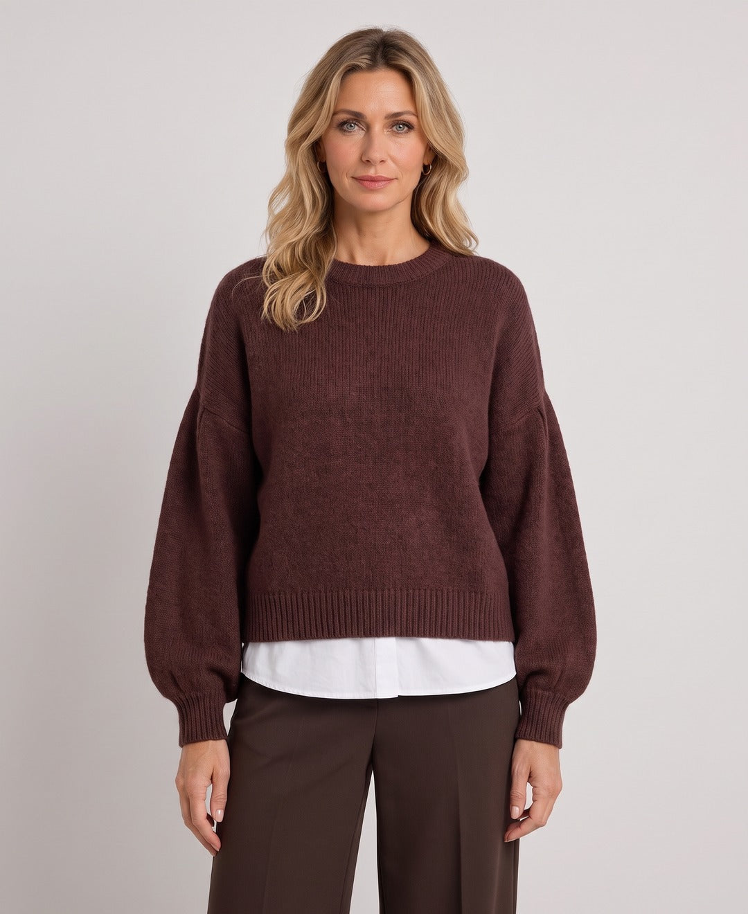 Women's Balloon Sleeve Cropped Knit Jumper Crew Neck in Brown, front view