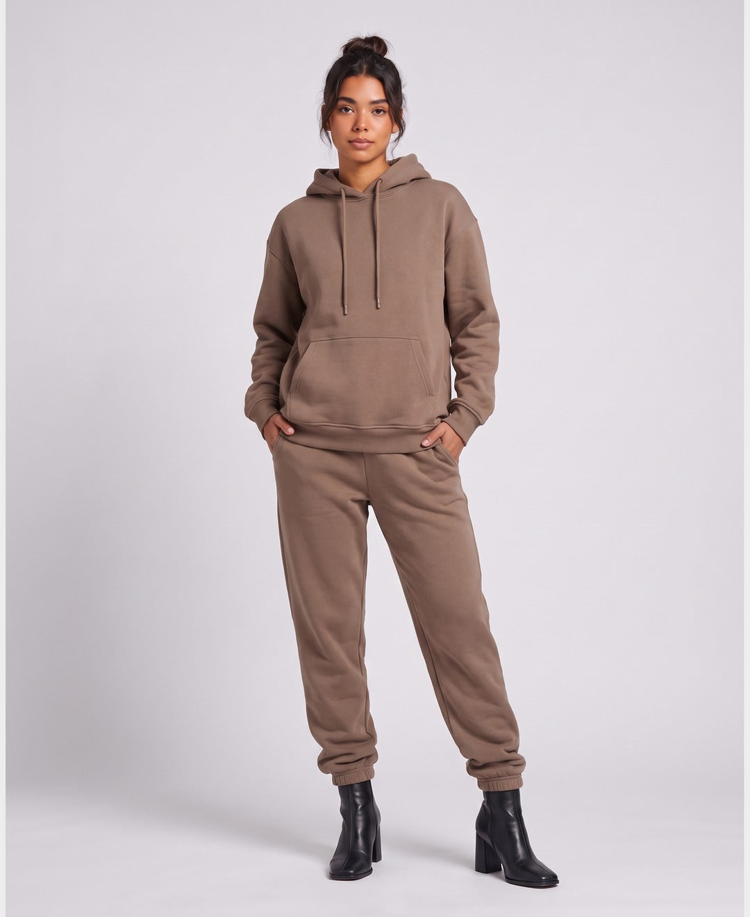 Giselle Hoodie Jogger Set in Brown, front view