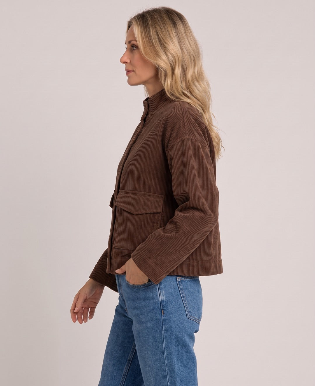 Women's Corduroy Shirt Jacket Flap Pockets Stand Collar in Brown, side view