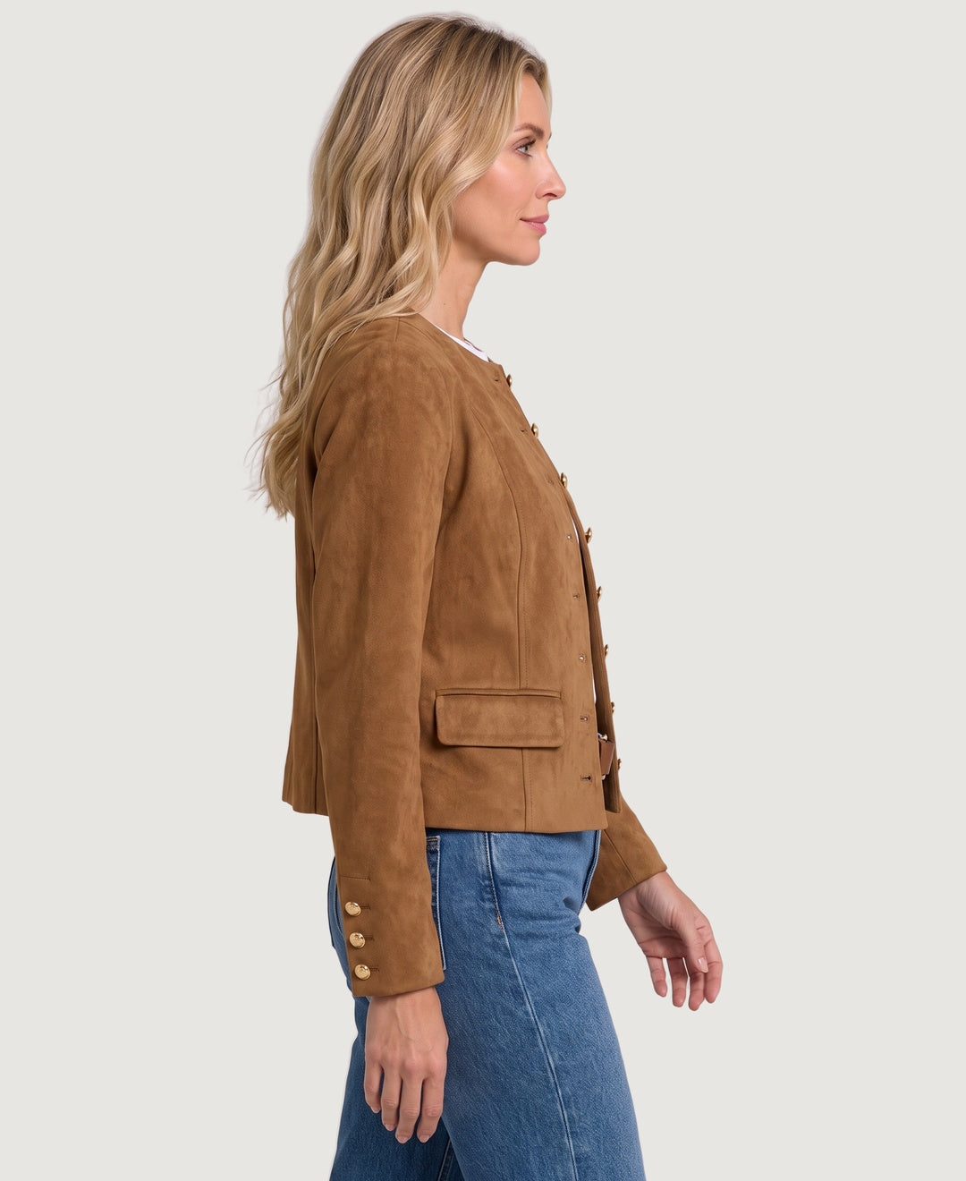 Women's cropped suede-look jacket in brown, side view