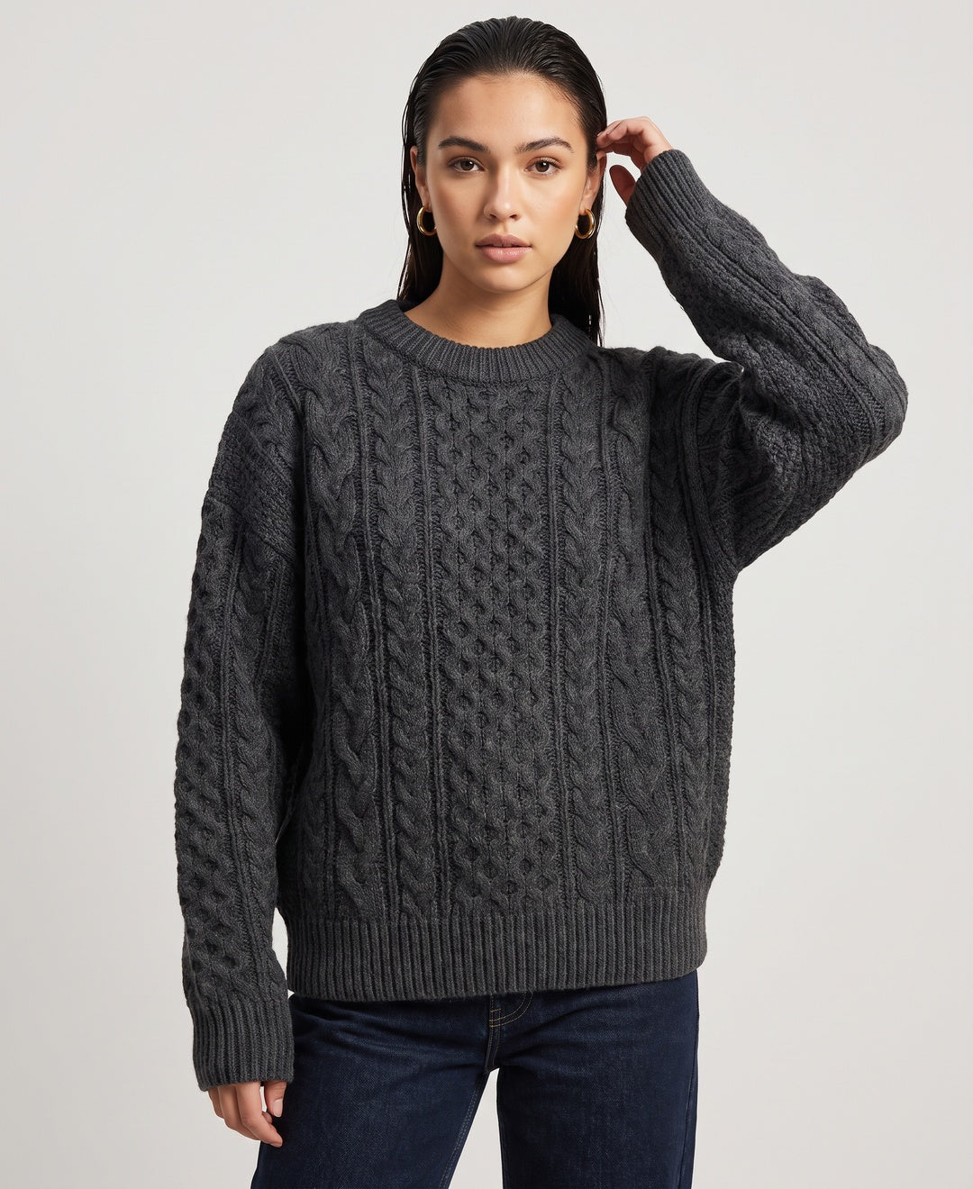Brune Cable Knit Jumper in Grey, front view