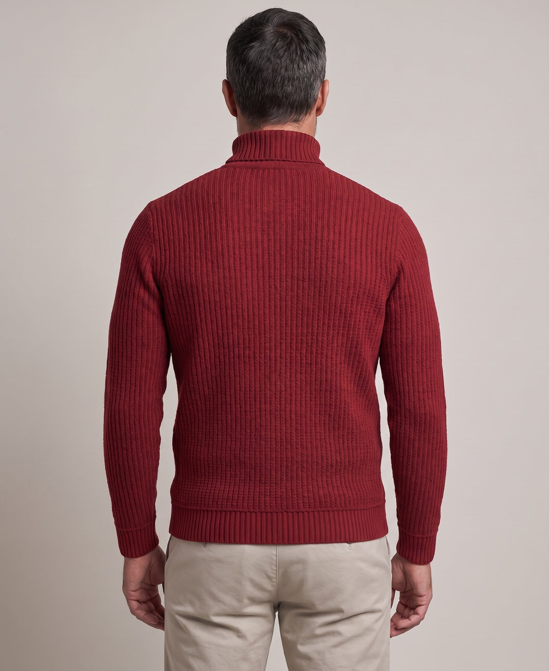 Men's burgundy roll neck jumper, back view