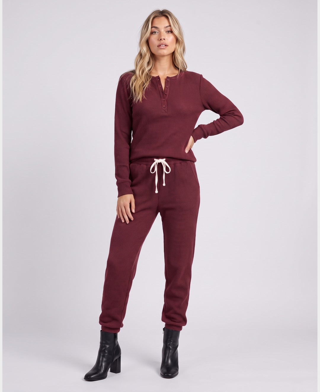 Brenda Waffle Henley Set in Burgundy Red, front view