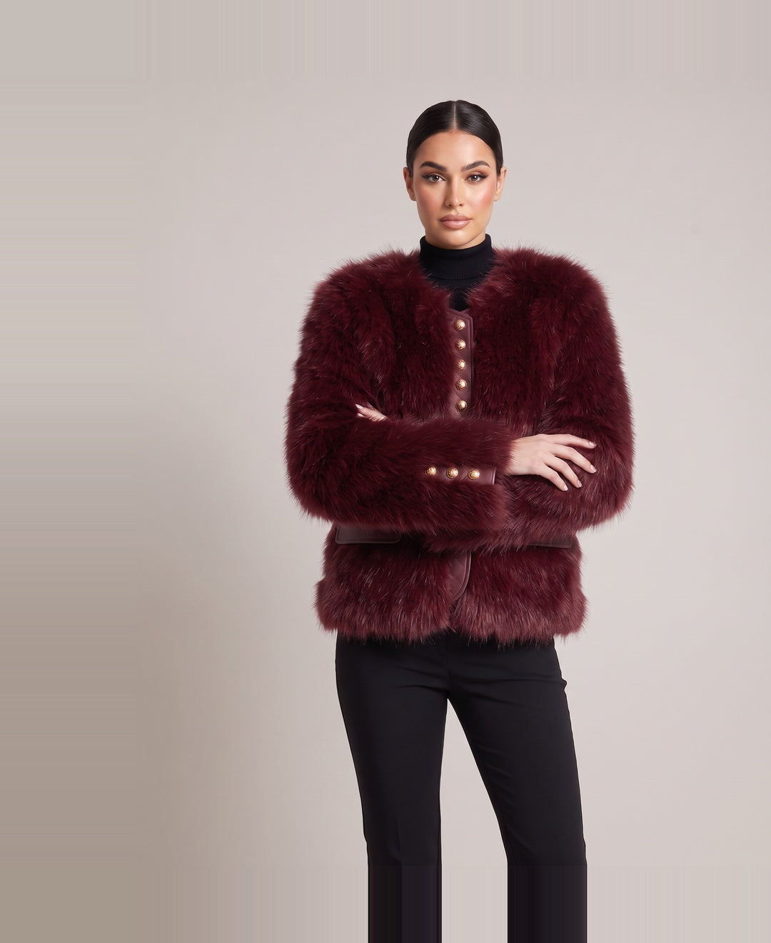 Women's cropped faux fur jacket in burgundy, front view
