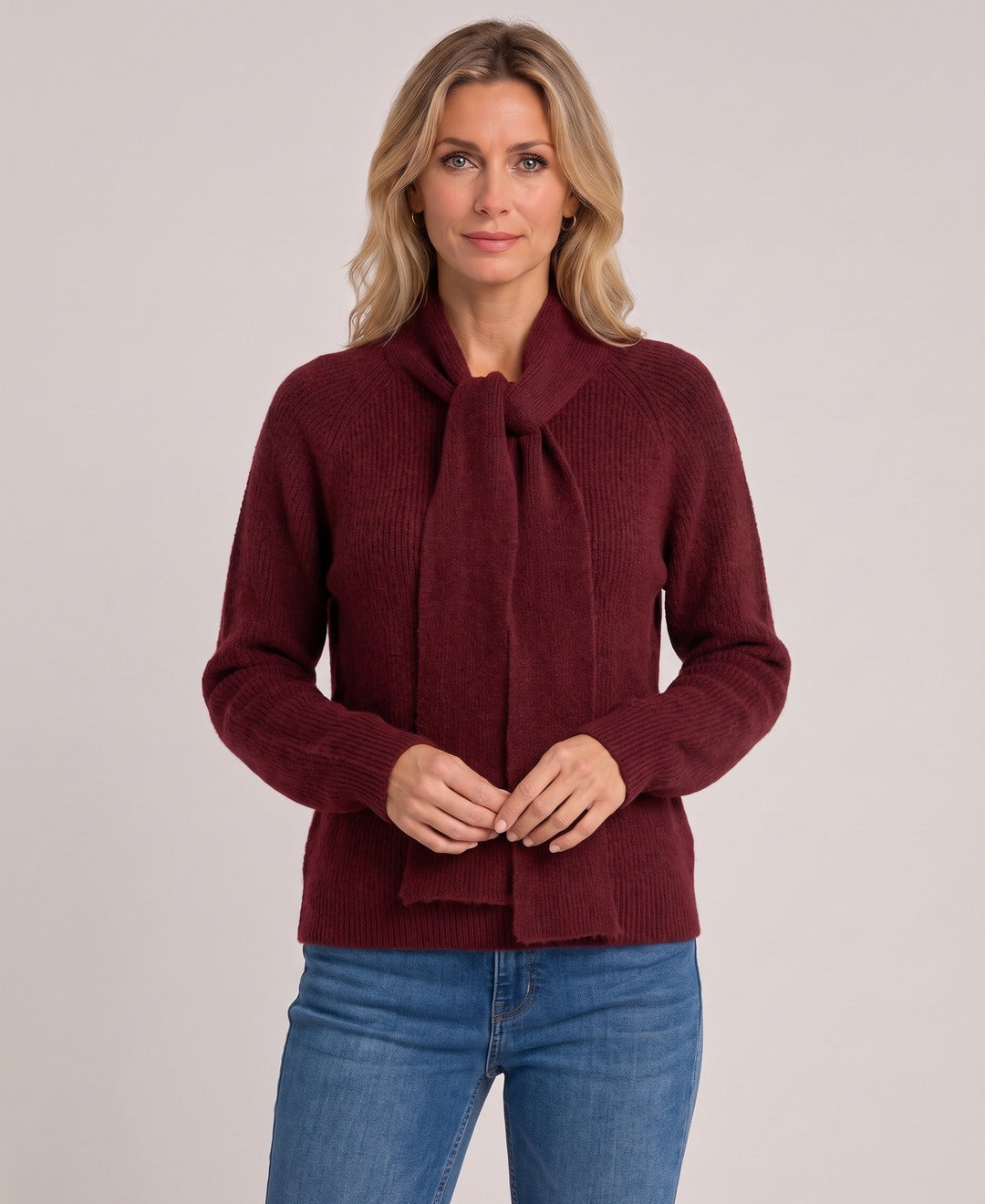Women's Knit Jumper Scarf Tie Neck Raglan Sleeves in Burgundy, front view