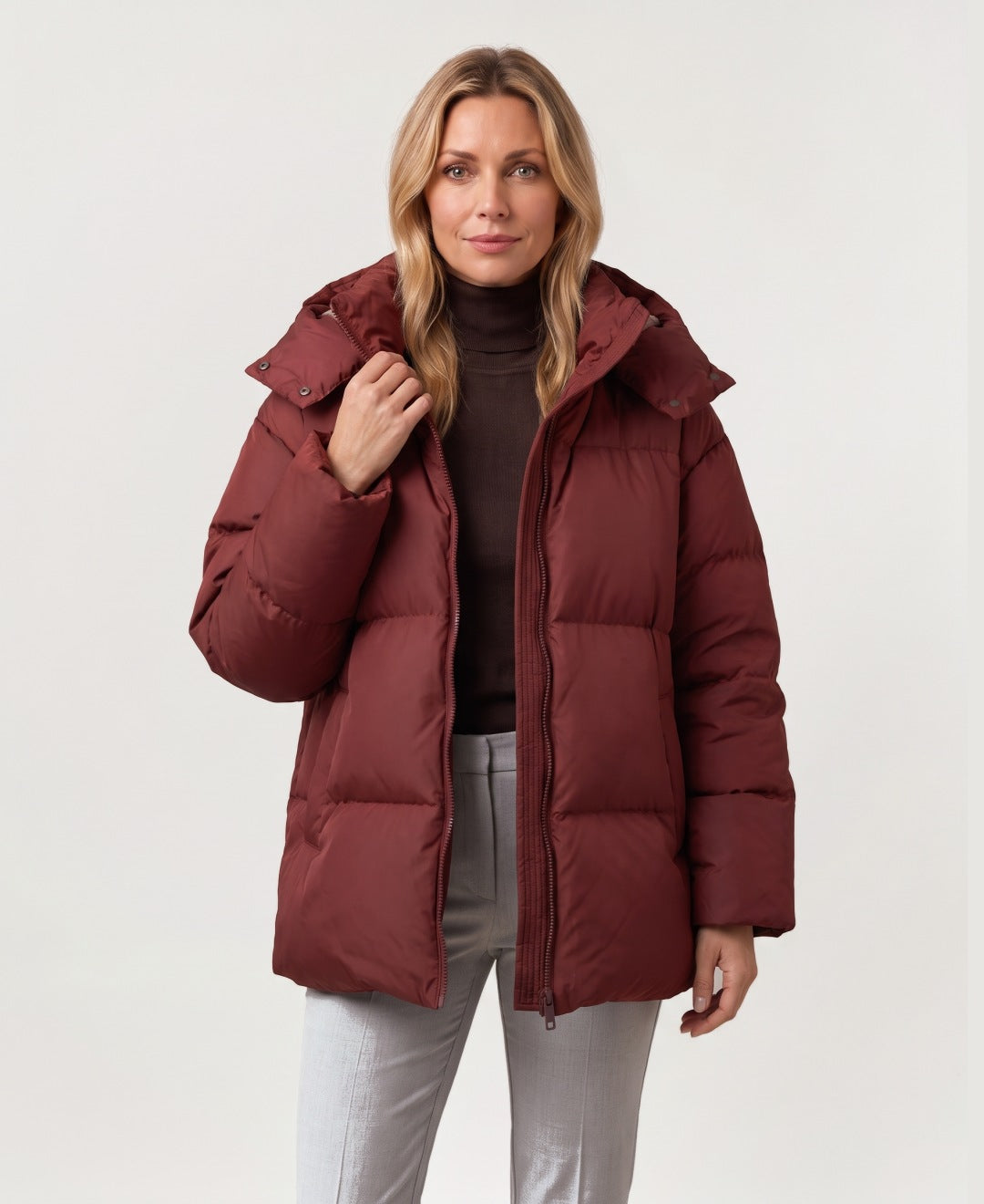 Women's oversized hooded puffer jacket burgundy front view