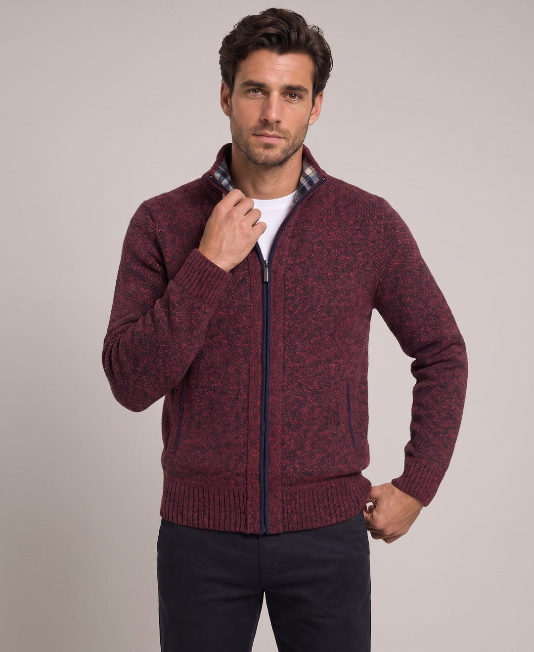 Men's burgundy zip cardigan, front view