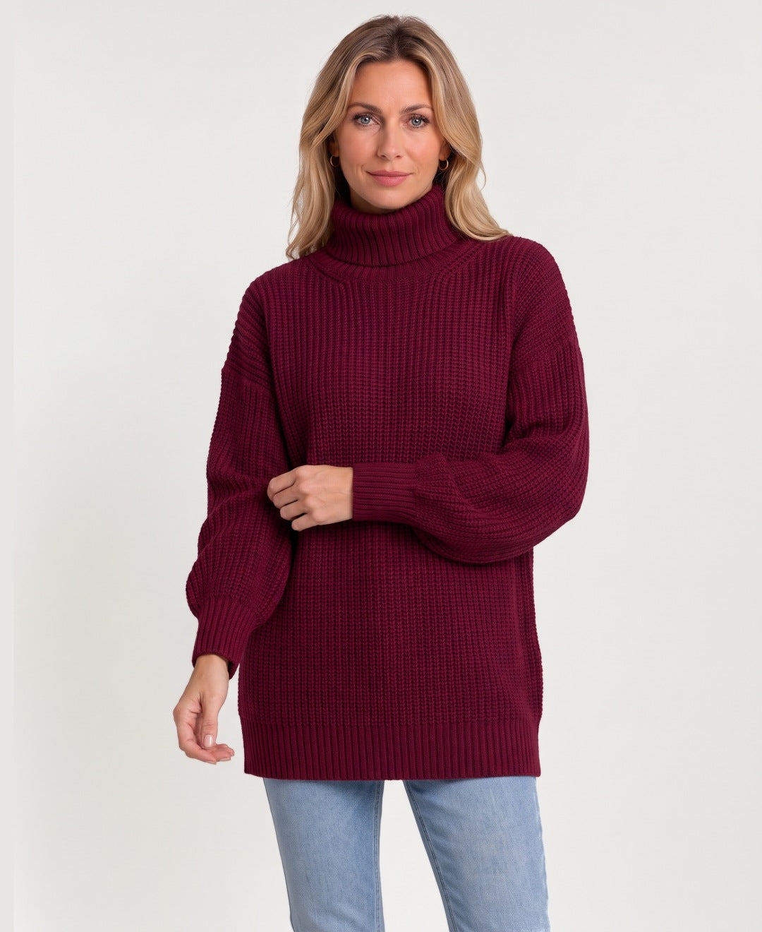 Women's chunky rib knit roll neck jumper burgundy front view