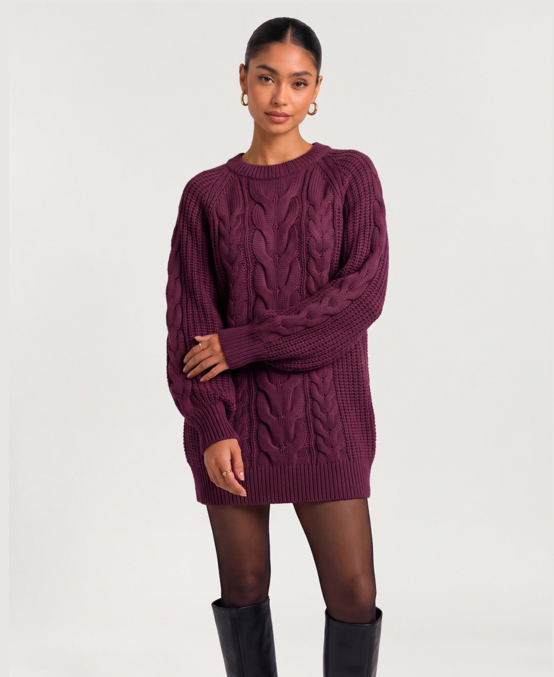 Women's chunky cable knit jumper dress in burgundy, front view