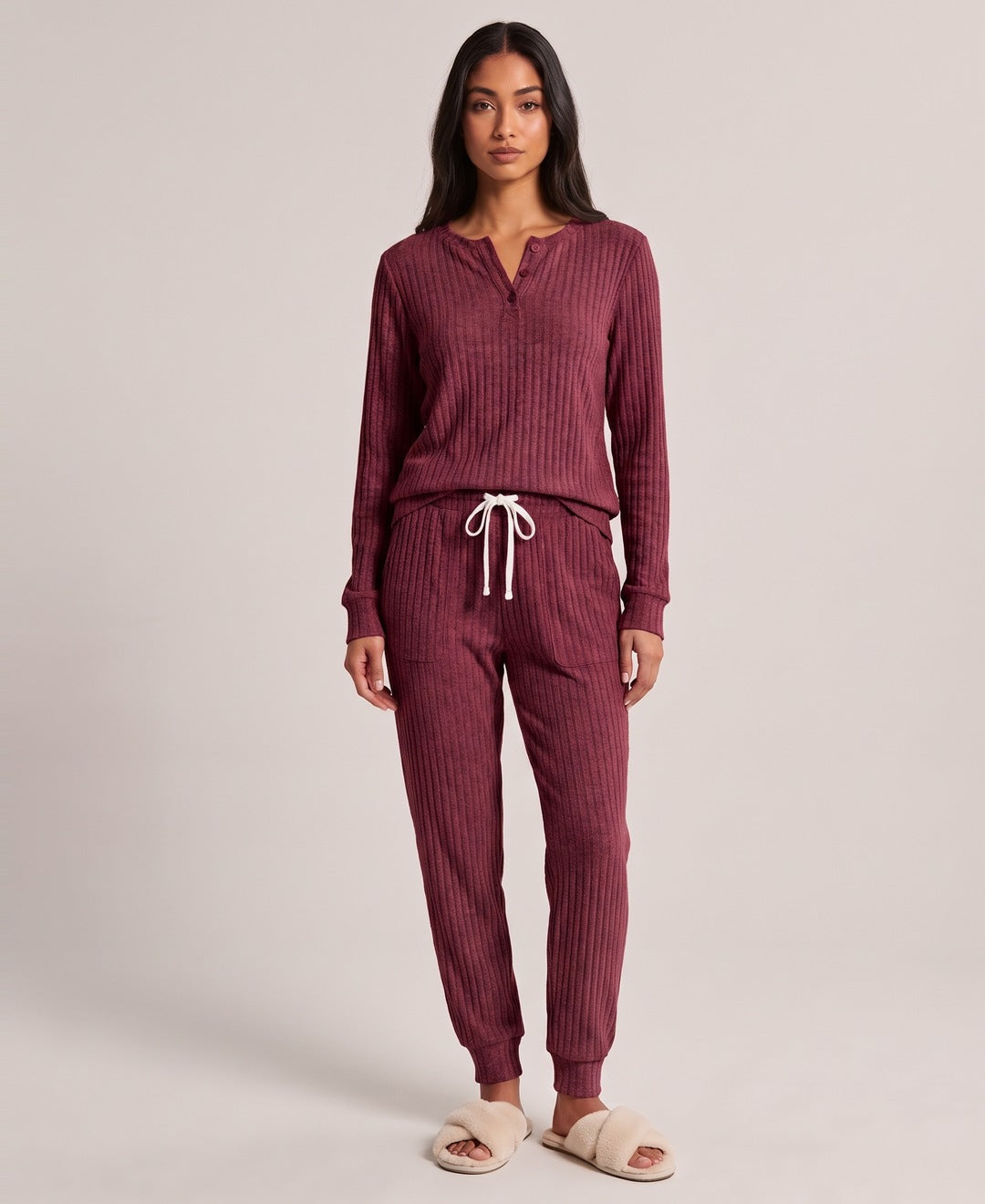 Burgundy ribbed henley lounge set front view on model