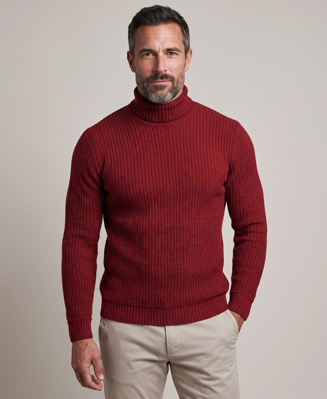 Men's burgundy roll neck jumper, front view