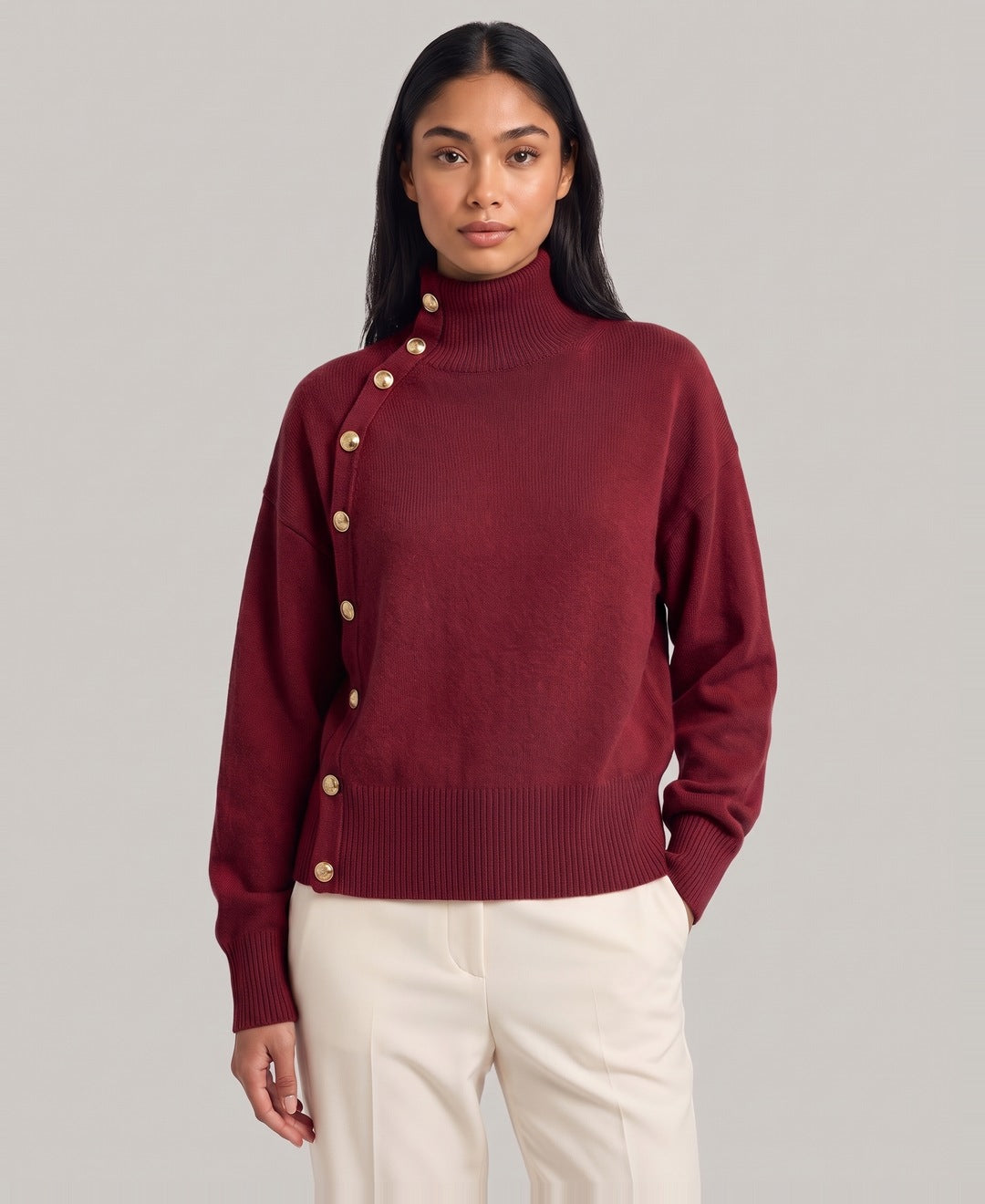 Burgundy roll neck jumper front view on model