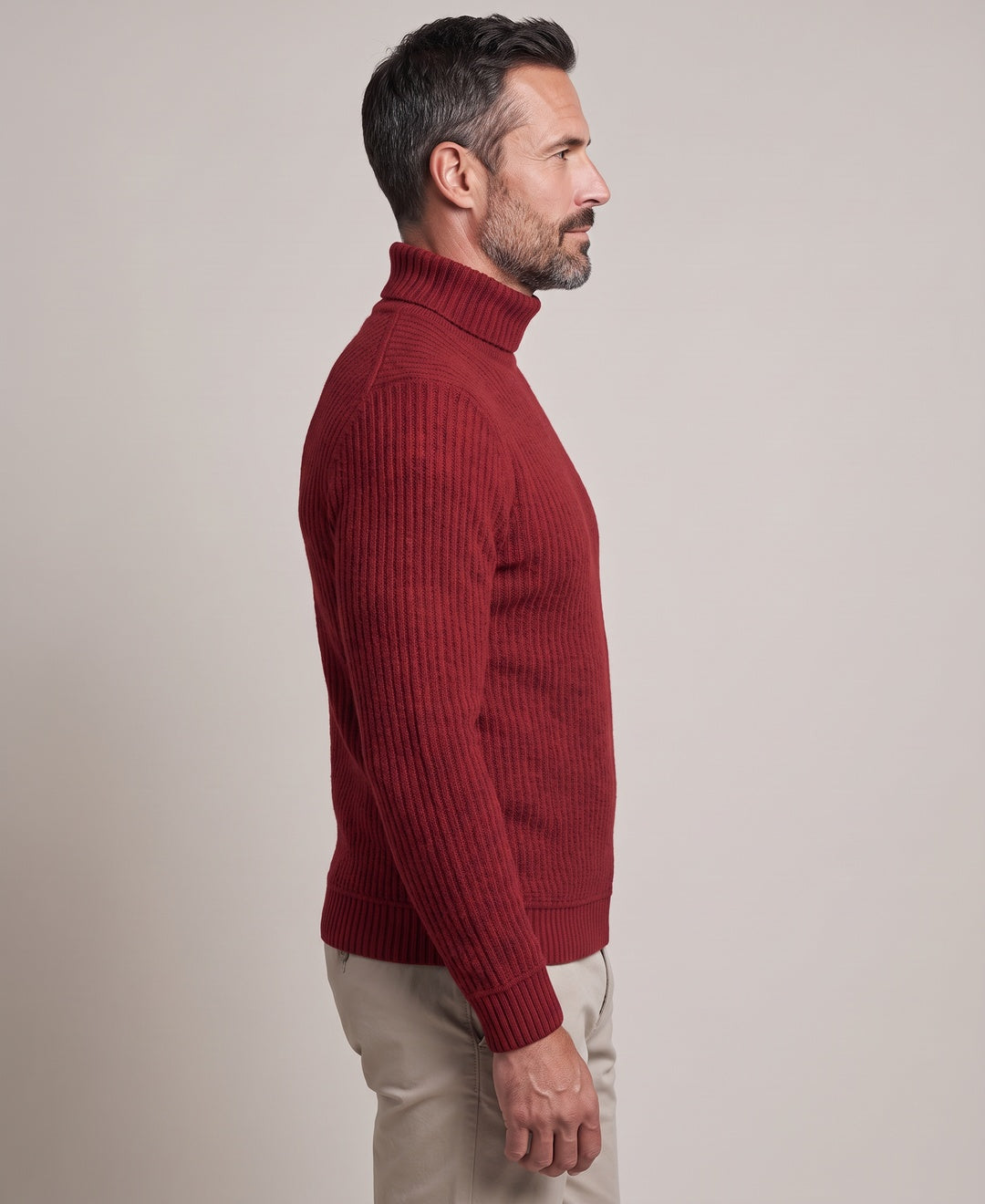 Men's burgundy roll neck jumper, side view