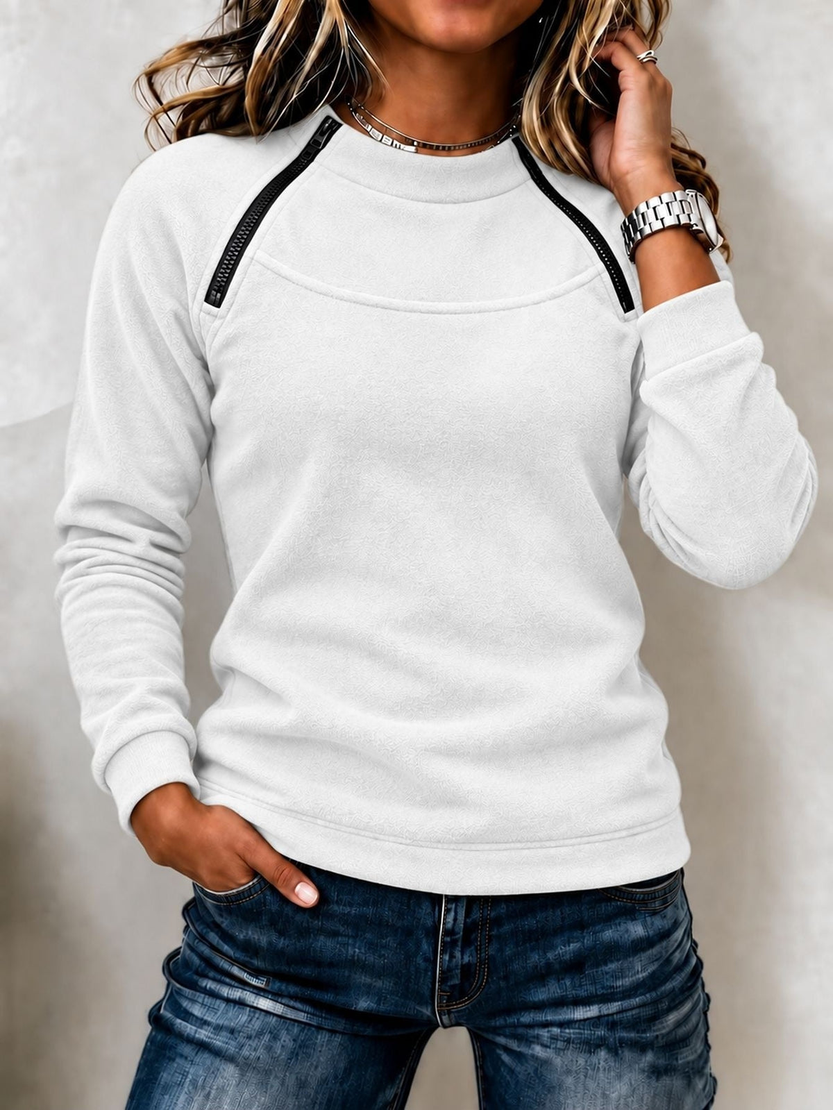 Stacey Zip Detail Crew Neck Sweatshirt in White
