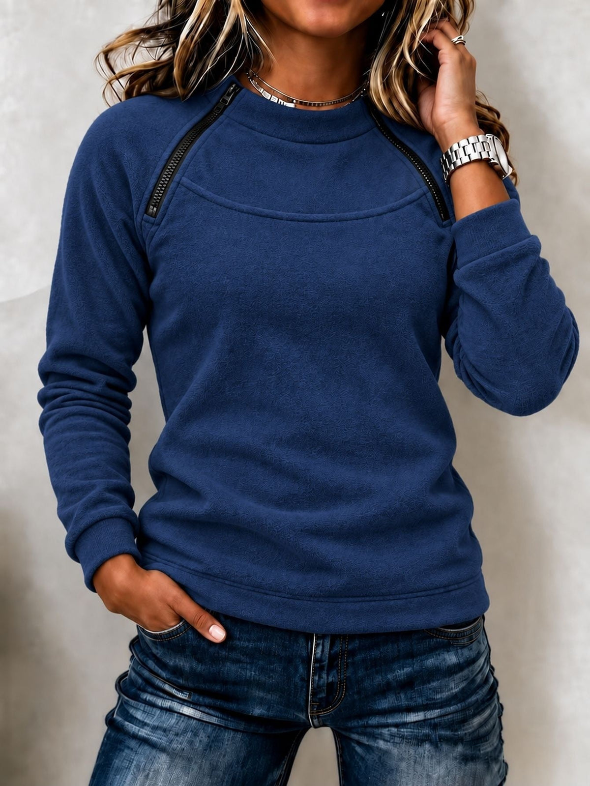 Stacey Zip Detail Crew Neck Sweatshirt in Navy