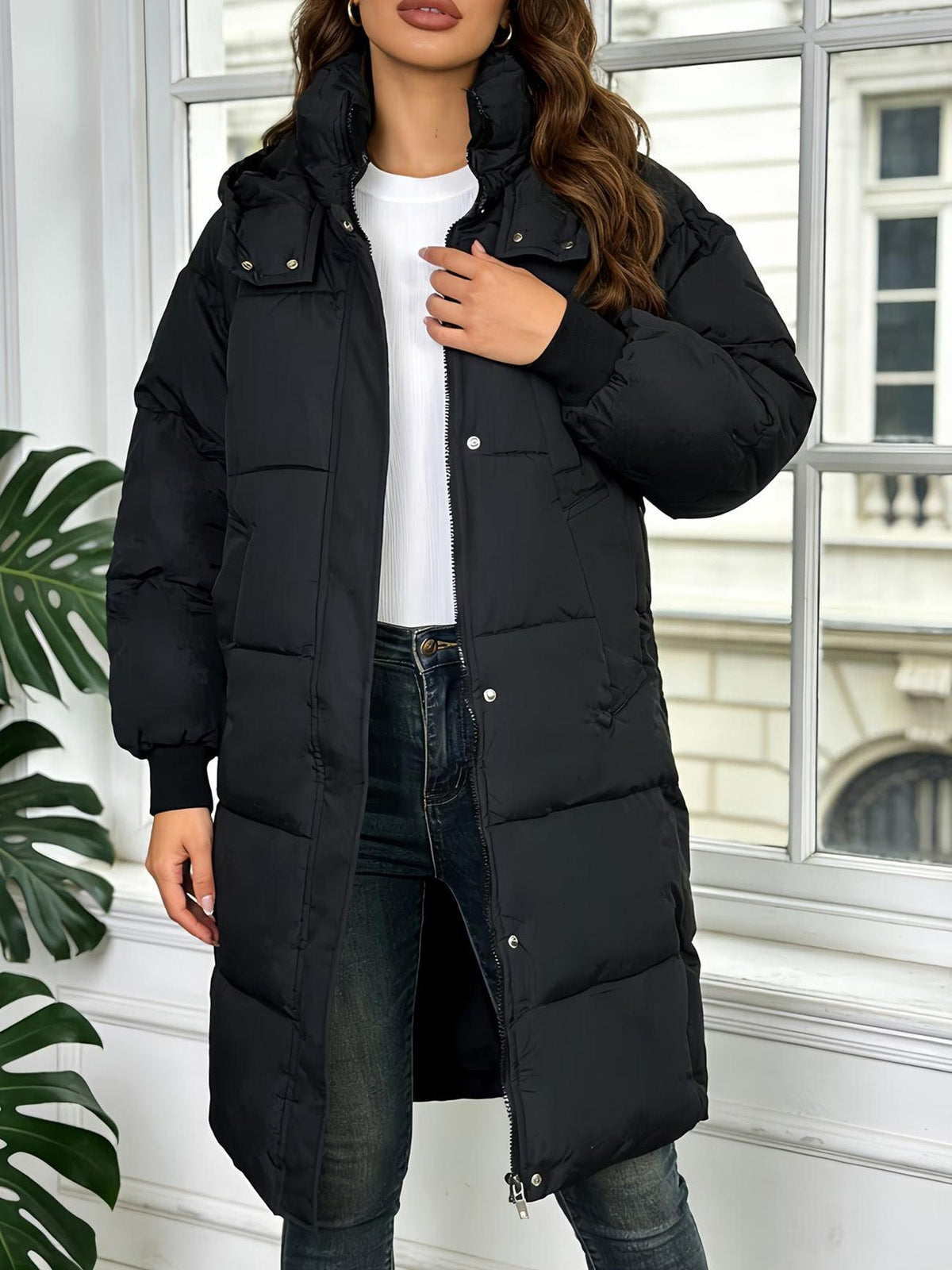Janet Long Hooded Padded Coat in Black