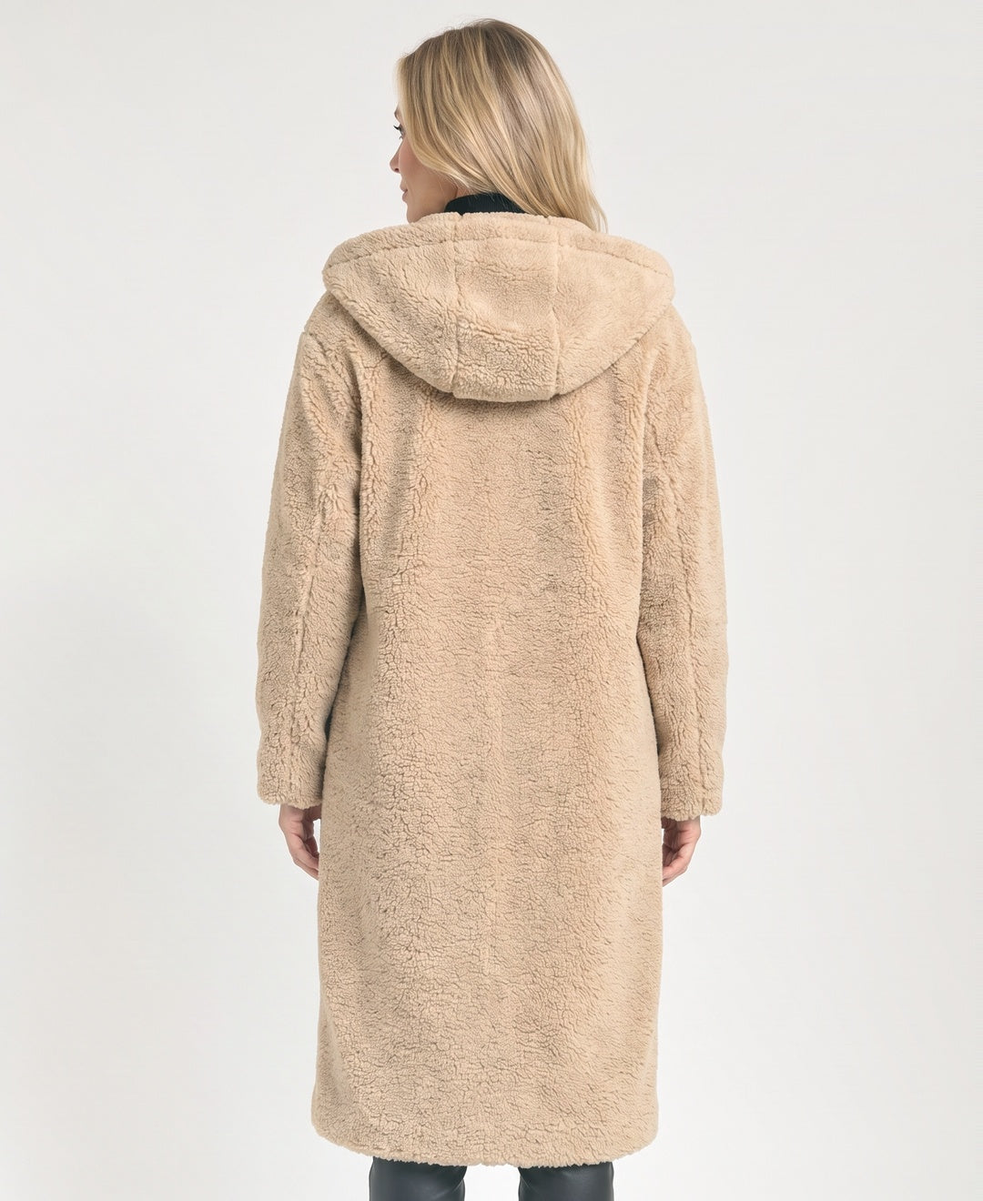 Long Hooded Teddy Sherpa Coat Open Front Pockets camel back view