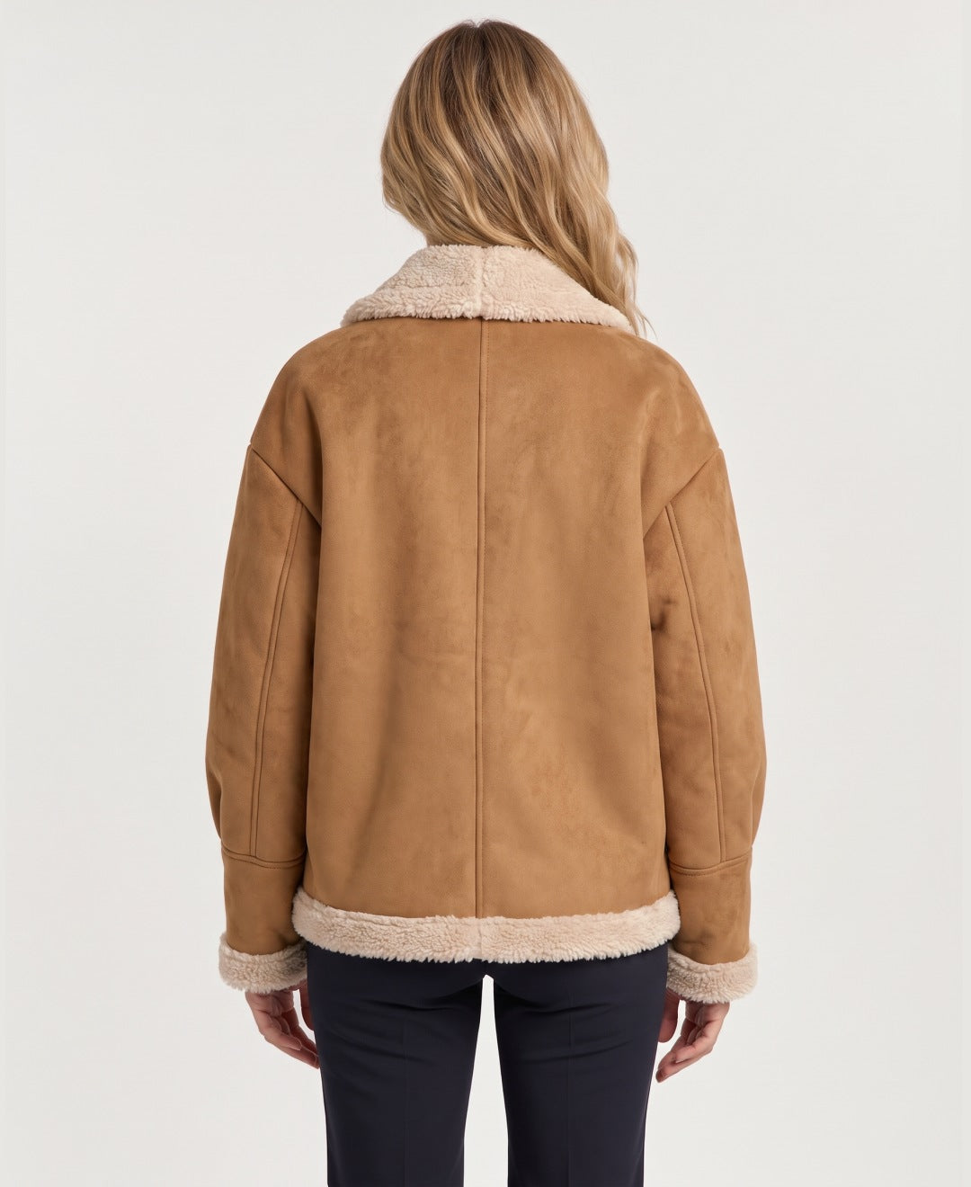 Women's cropped suede-effect jacket camel back view