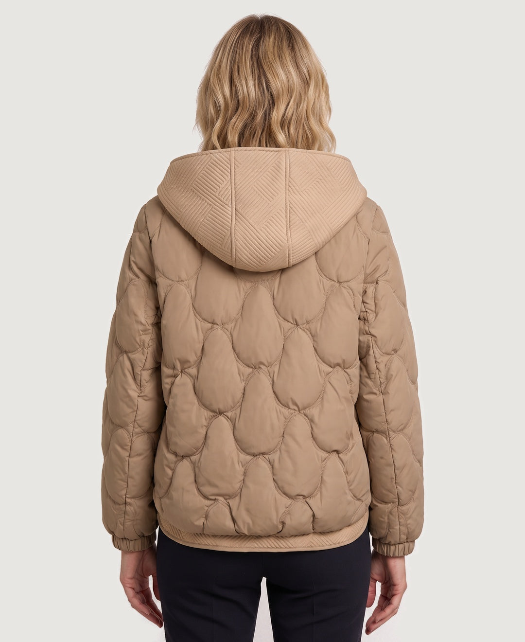Short Quilted Puffer Jacket Knit Hood camel back view