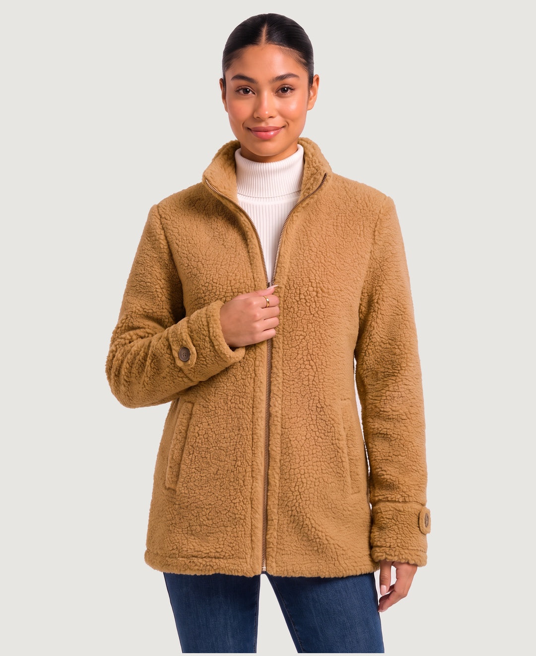 Women's sherpa fleece zip jacket in camel, front view
