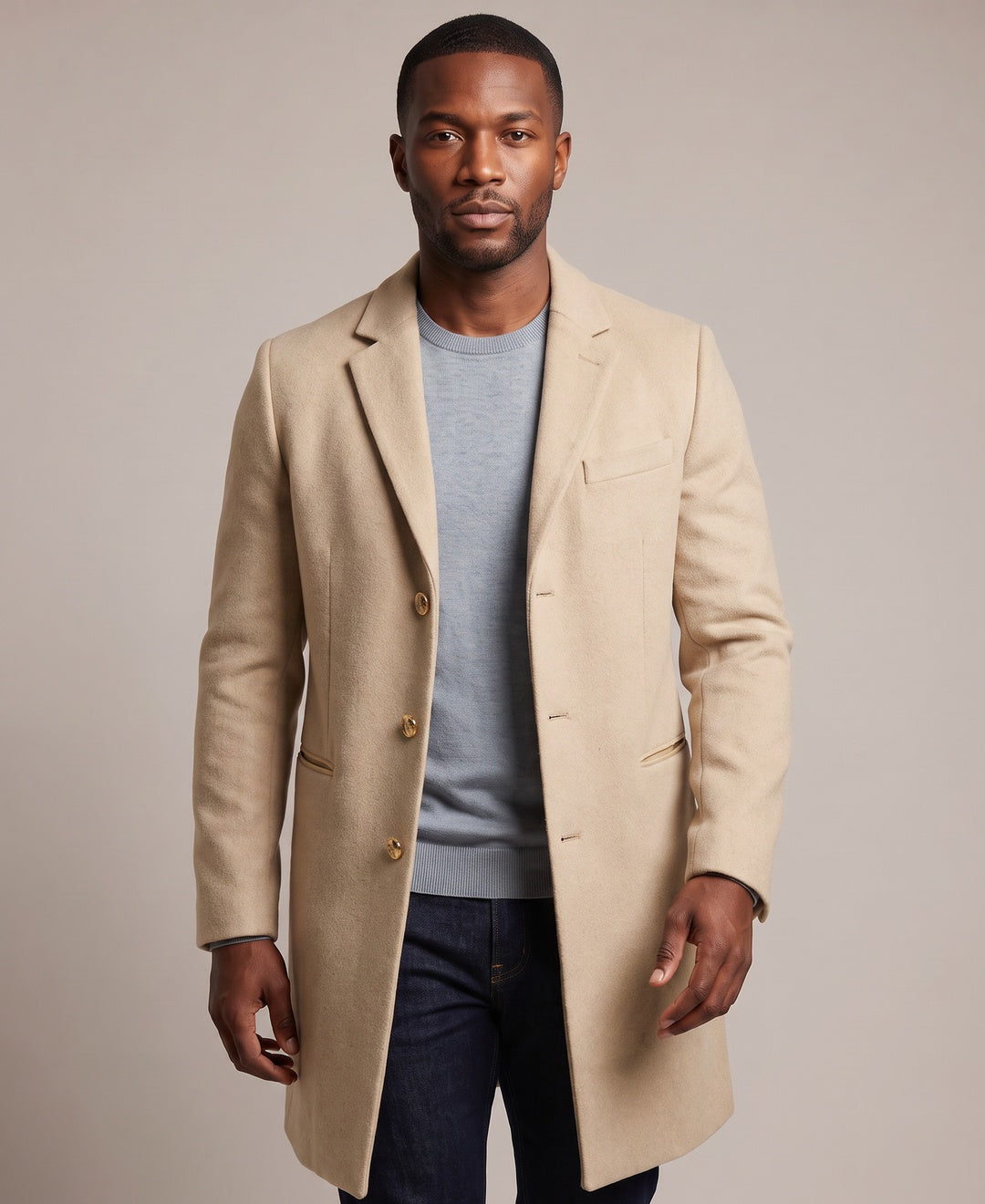 Men's camel overcoat, front view