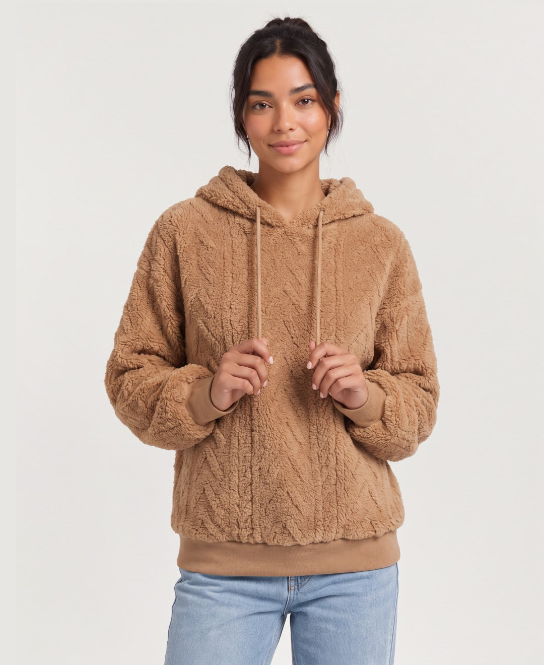 Women's teddy fleece cable pattern hoodie in camel, front view