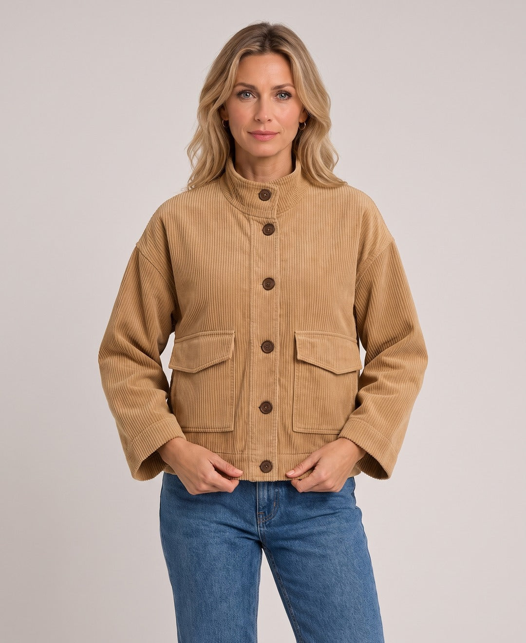 Women's Corduroy Shirt Jacket Flap Pockets Stand Collar in Camel, front view