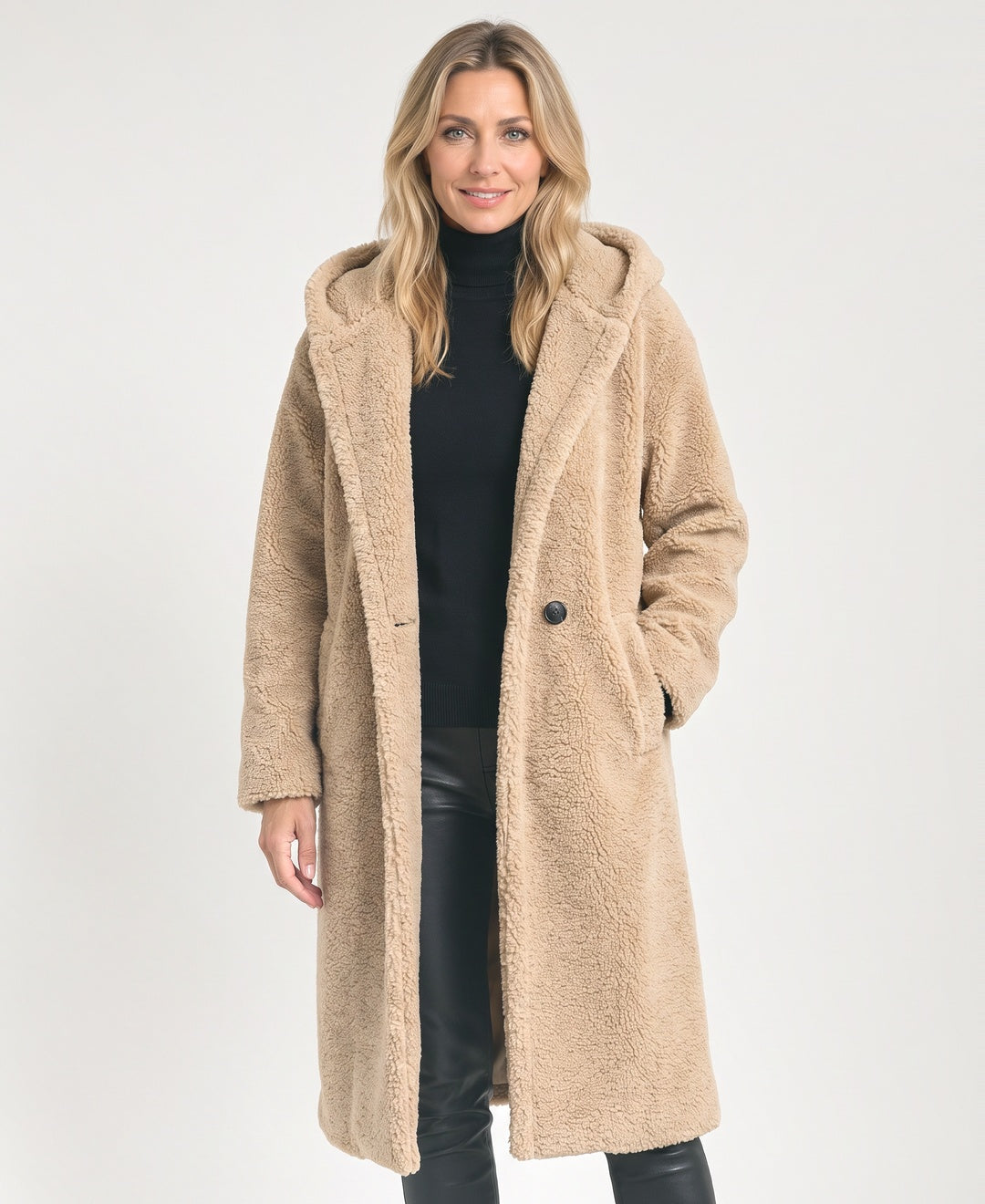 Long Hooded Teddy Sherpa Coat Open Front Pockets camel front view