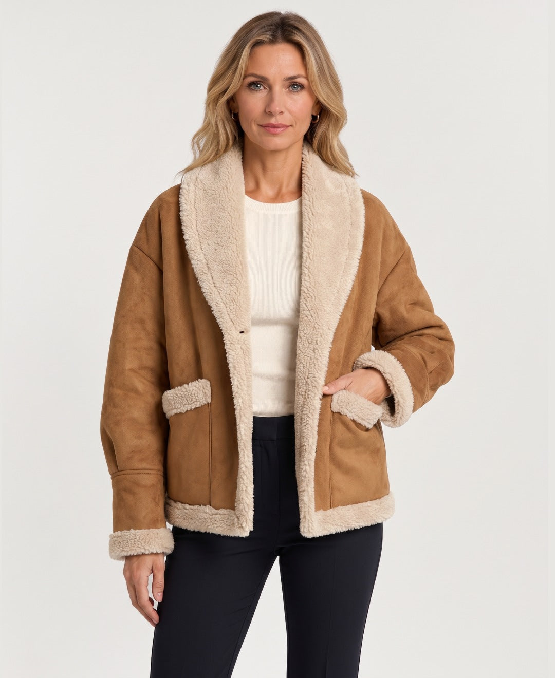 Women's cropped suede-effect jacket camel front view