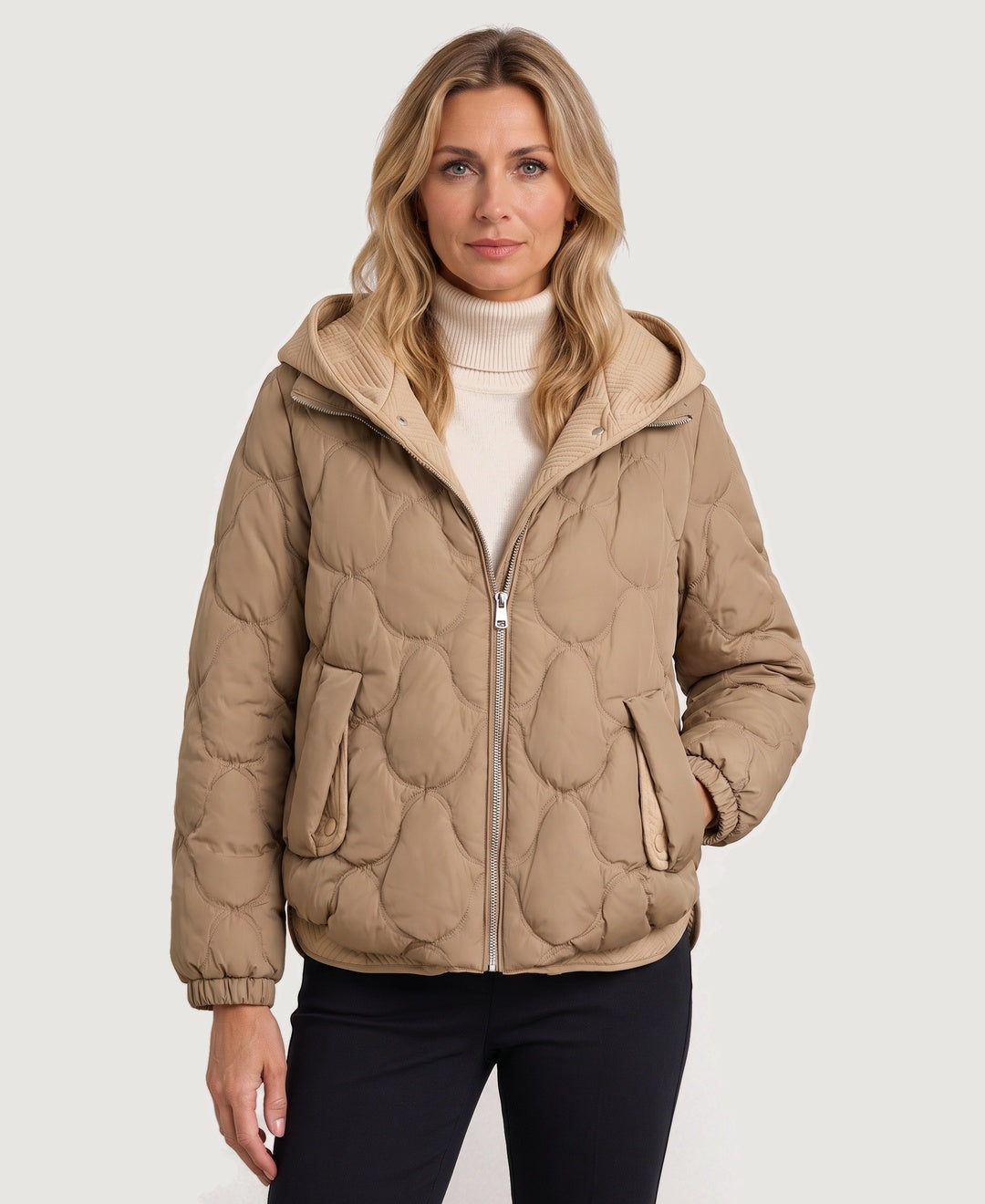 Short Quilted Puffer Jacket Knit Hood camel front view