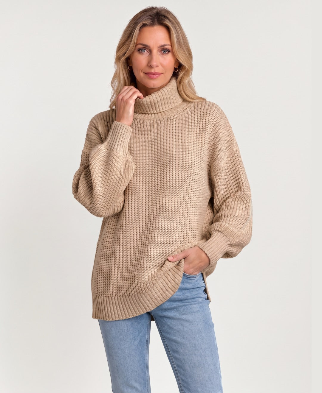 Women's chunky rib knit roll neck jumper camel front view
