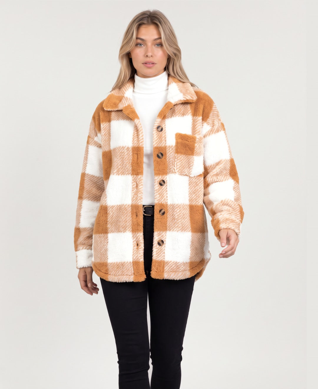 Women's check fleece shirt jacket in camel, front view