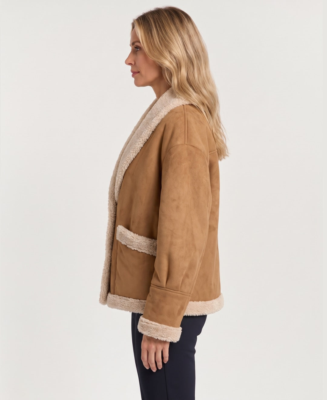 Women's cropped suede-effect jacket camel side view