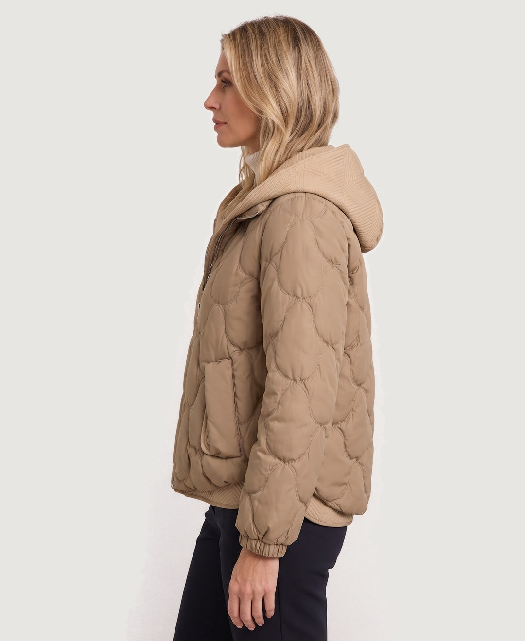 Short Quilted Puffer Jacket Knit Hood camel side view
