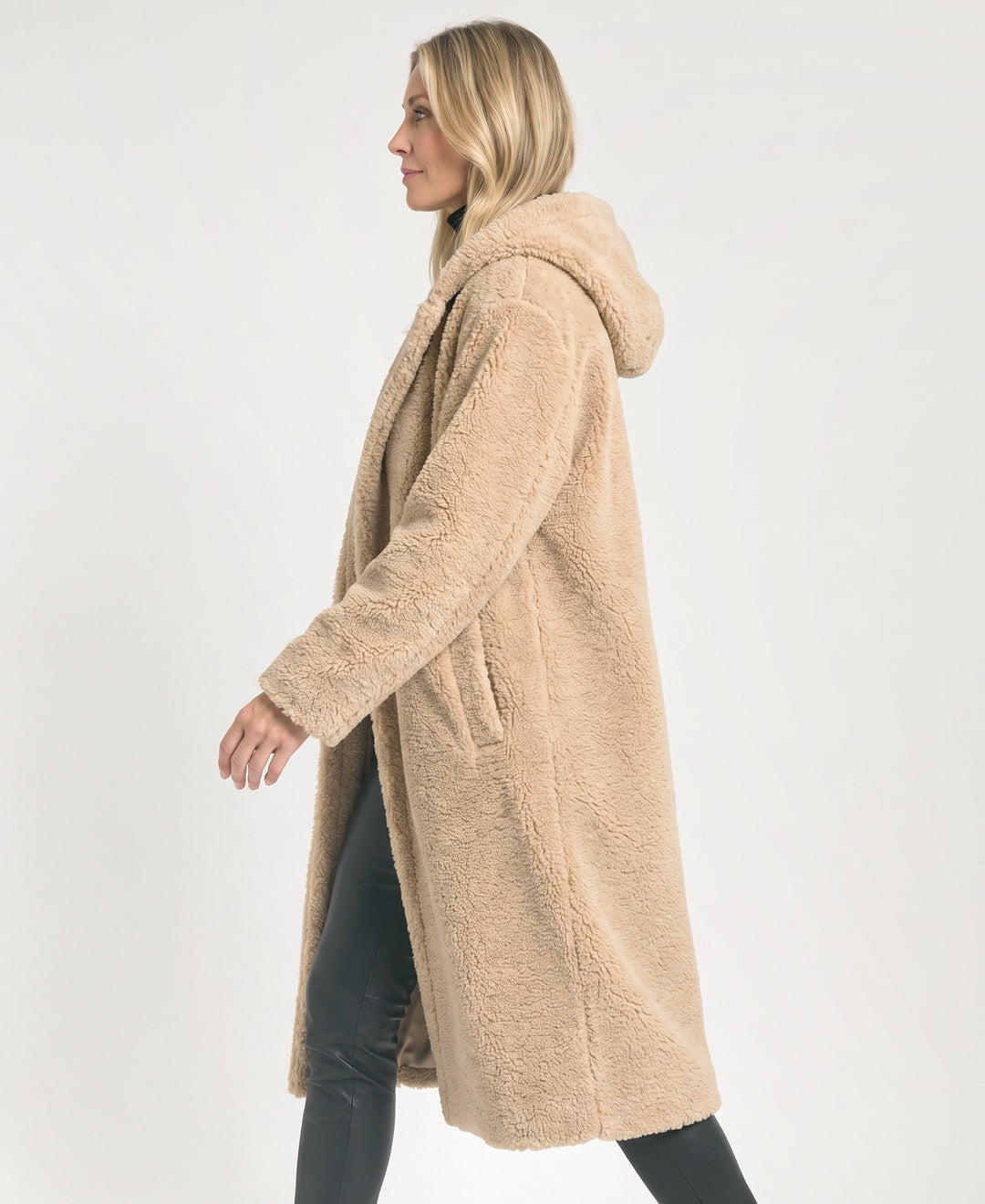 Long Hooded Teddy Sherpa Coat Open Front Pockets camel side view