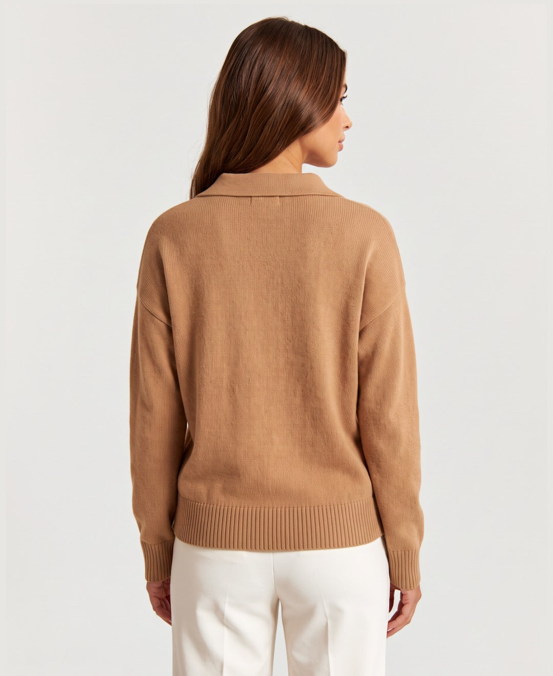 Women's lightweight knit polo jumper in camel, back view