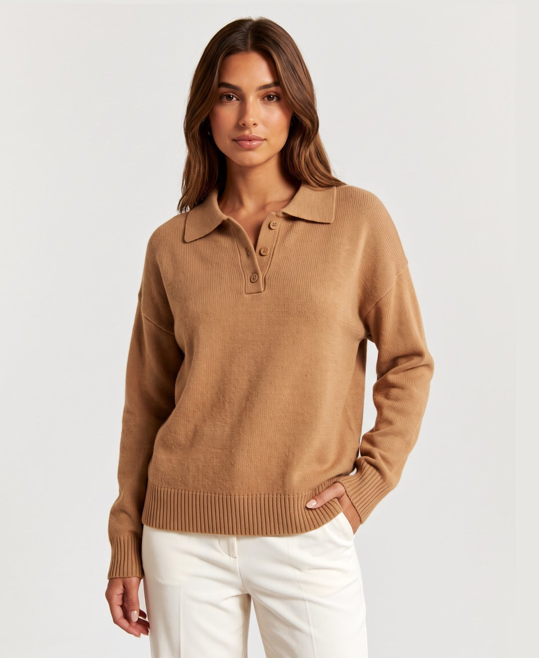 Women's lightweight knit polo jumper in camel, front view