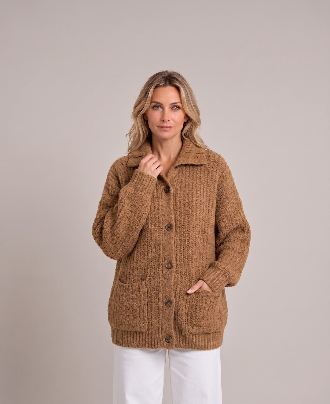 Women's Chunky Rib Knit Button Cardigan Funnel Collar Pockets in Caramel, front view