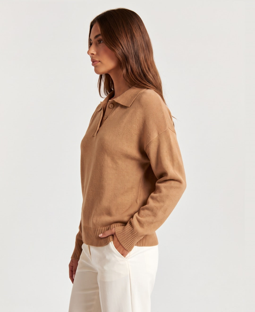 Women's lightweight knit polo jumper in camel, side view