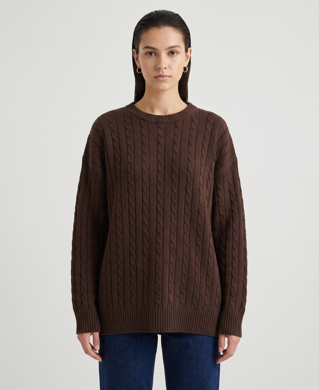 Cassandre Oversized Cable Jumper in Brown, front view