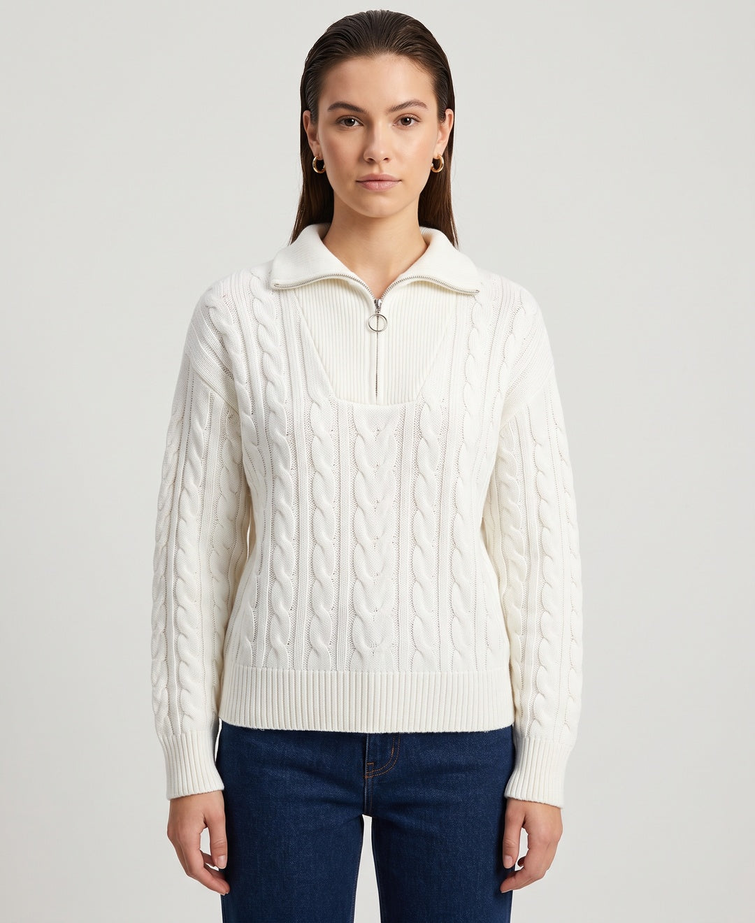 Cecile Quarter-Zip Cable Jumper in White, front view