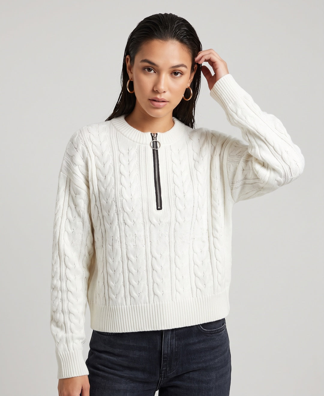 Cecile Quarter-Zip Cable Jumper in White, front view
