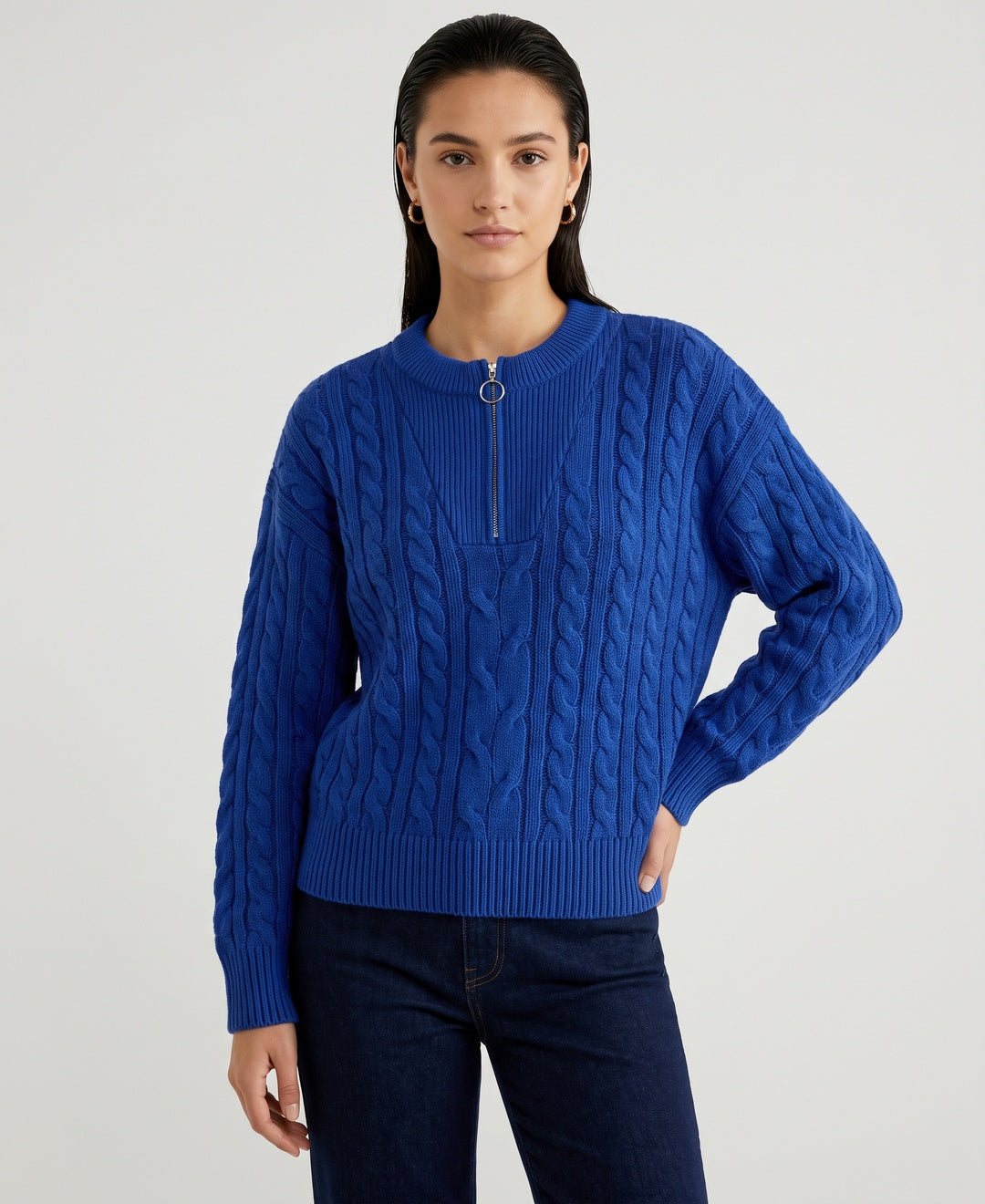 Cecile Quarter-Zip Cable Jumper in Blue, front view