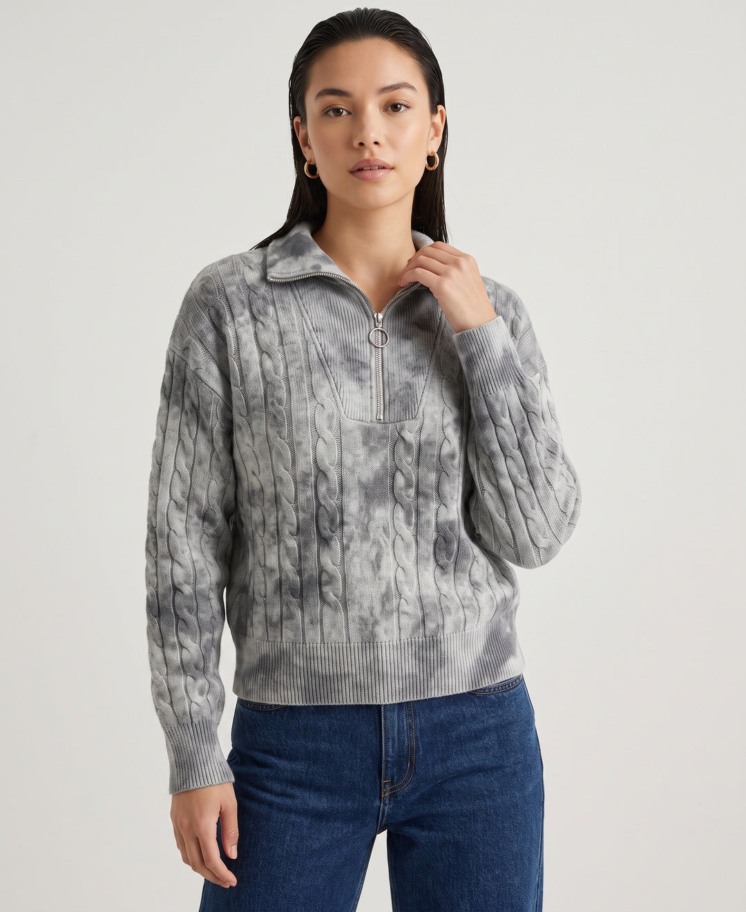 Cecile Quarter-Zip Cable Jumper in Grey, front view
