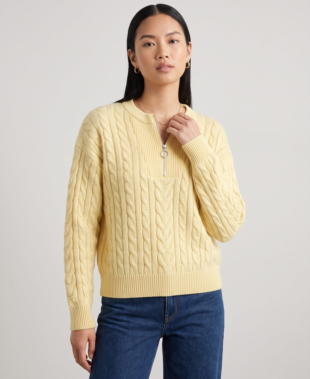 Cecile Quarter-Zip Cable Jumper in Yellow, front view