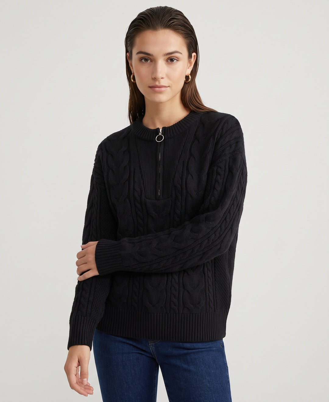 Cecile Quarter-Zip Cable Jumper in Black, front view